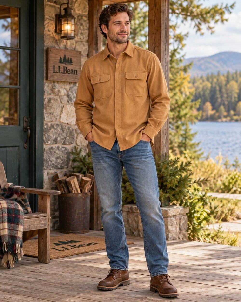L.L. Bean Men's Long Sleeve Chamois Solid Camel Beige Button Up Shirt Sz Large